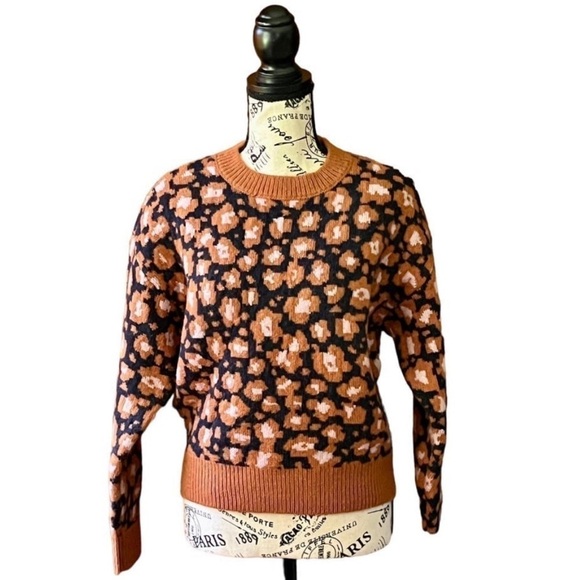 Ann Taylor Leopard Print Jacquard Sweater Women’s XXS Brown Black Heavy Knit - Picture 2 of 10